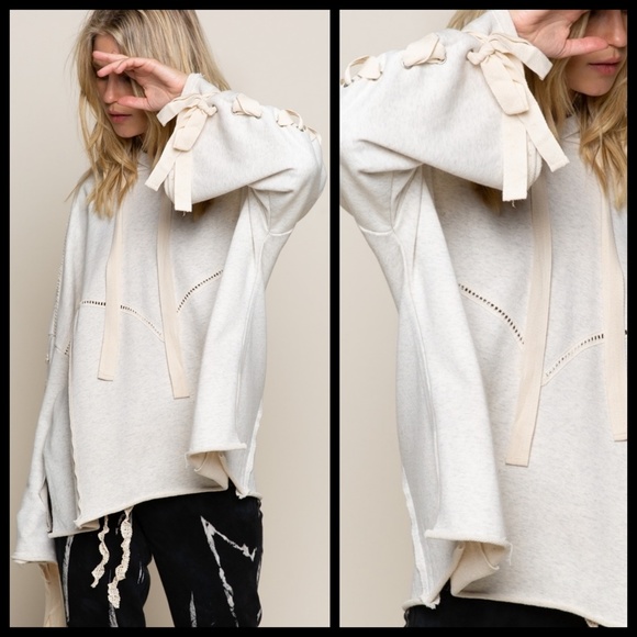POL “Urban Chic” French Terry Hoodie Top Criss Cross Laces Down Sleeves Raw Hem - Picture 4 of 16